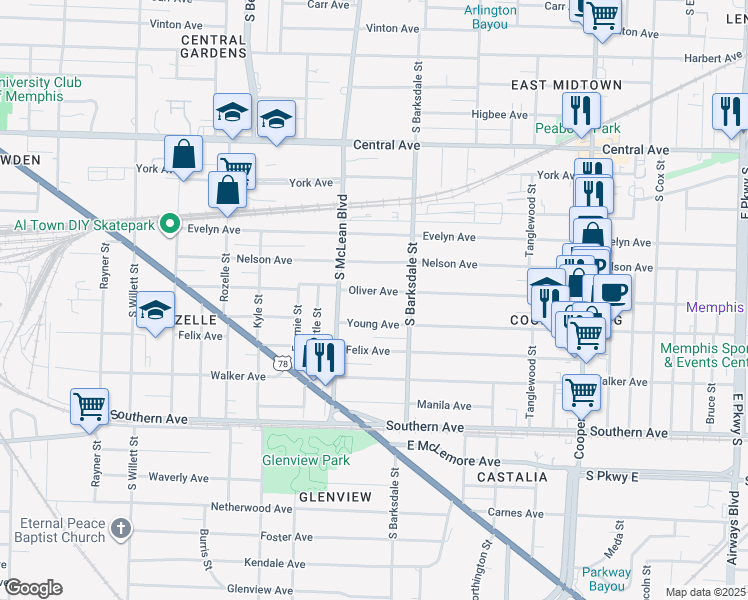 map of restaurants, bars, coffee shops, grocery stores, and more near 1865 Oliver Avenue in Memphis