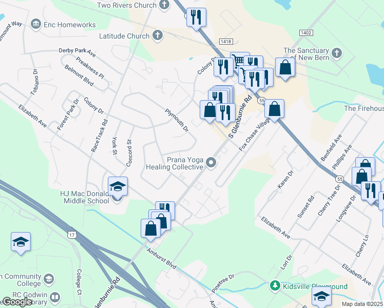 map of restaurants, bars, coffee shops, grocery stores, and more near 1014 Plymouth Drive in New Bern