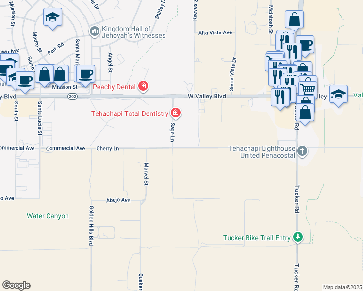 map of restaurants, bars, coffee shops, grocery stores, and more near 19569 Cherry Lane in Tehachapi