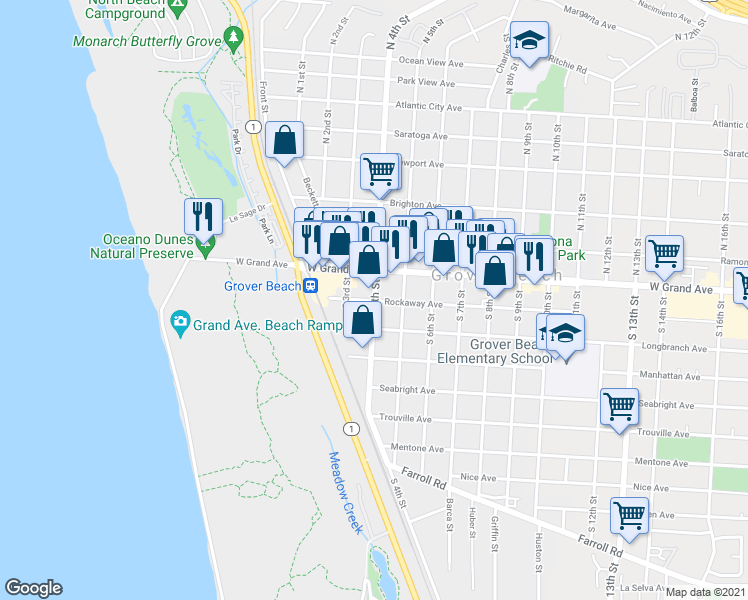 map of restaurants, bars, coffee shops, grocery stores, and more near South 4th Street & Rockaway Avenue in Grover Beach