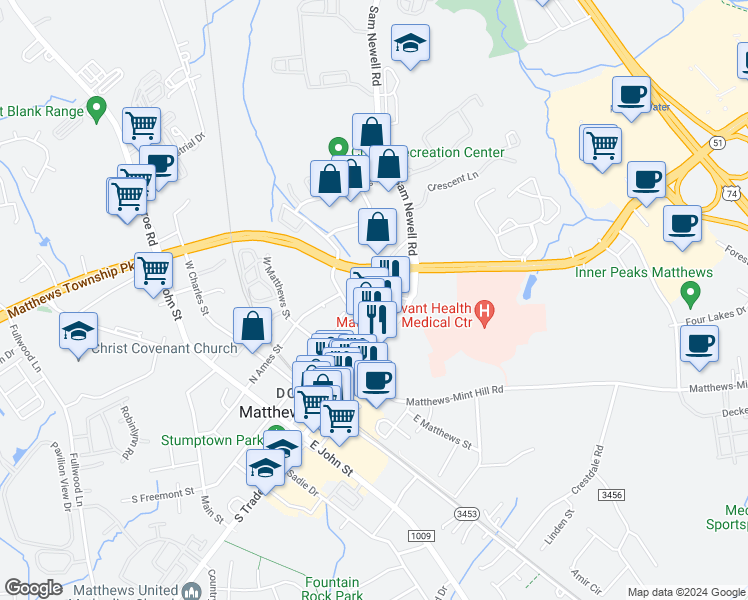 map of restaurants, bars, coffee shops, grocery stores, and more near 1161 Dean Hall Lane in Matthews