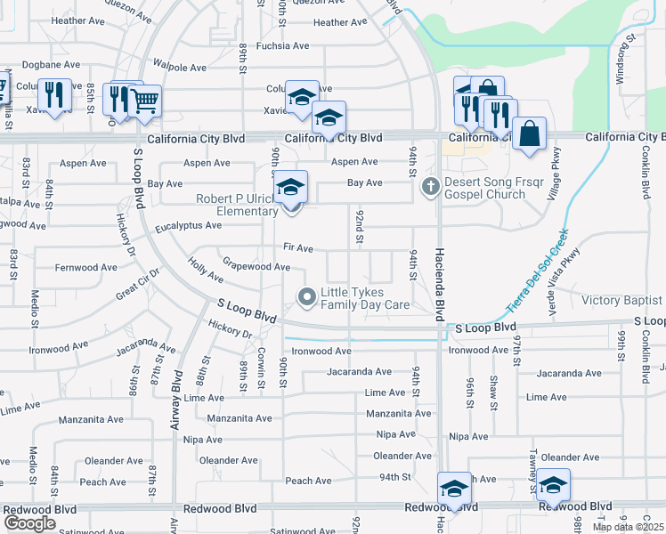 map of restaurants, bars, coffee shops, grocery stores, and more near 20648 91st Street in California City