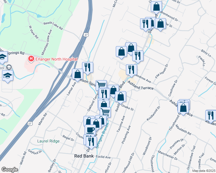 map of restaurants, bars, coffee shops, grocery stores, and more near 115 Morrison Springs Road in Red Bank