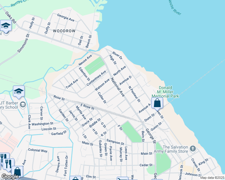 map of restaurants, bars, coffee shops, grocery stores, and more near 505 National Court Drive in New Bern