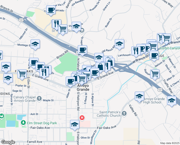 map of restaurants, bars, coffee shops, grocery stores, and more near 616 Cornwall Avenue in Arroyo Grande