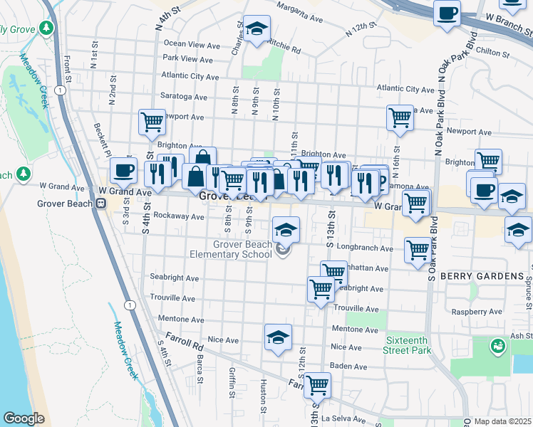 map of restaurants, bars, coffee shops, grocery stores, and more near 166 South 10th Street in Grover Beach