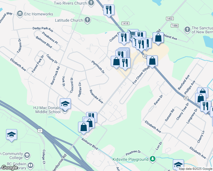 map of restaurants, bars, coffee shops, grocery stores, and more near 1014 Plymouth Drive in New Bern