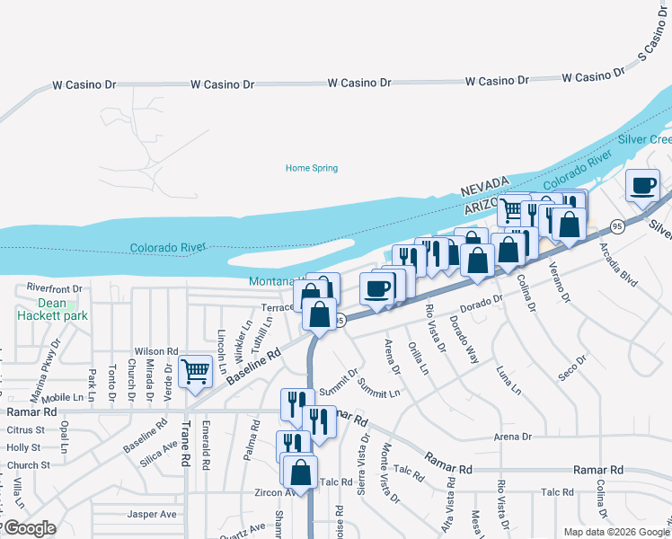 map of restaurants, bars, coffee shops, grocery stores, and more near 1453 Riverfront Drive in Bullhead City