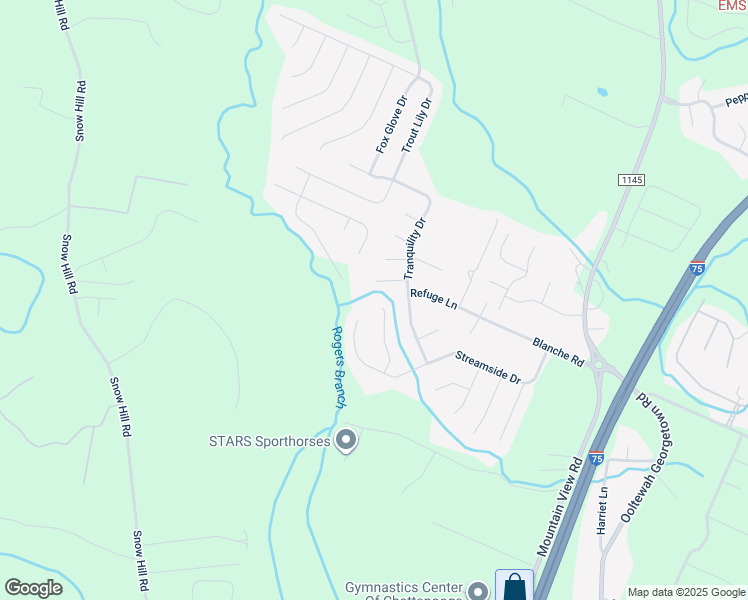 map of restaurants, bars, coffee shops, grocery stores, and more near 7393 Lazy Brook Court in Ooltewah