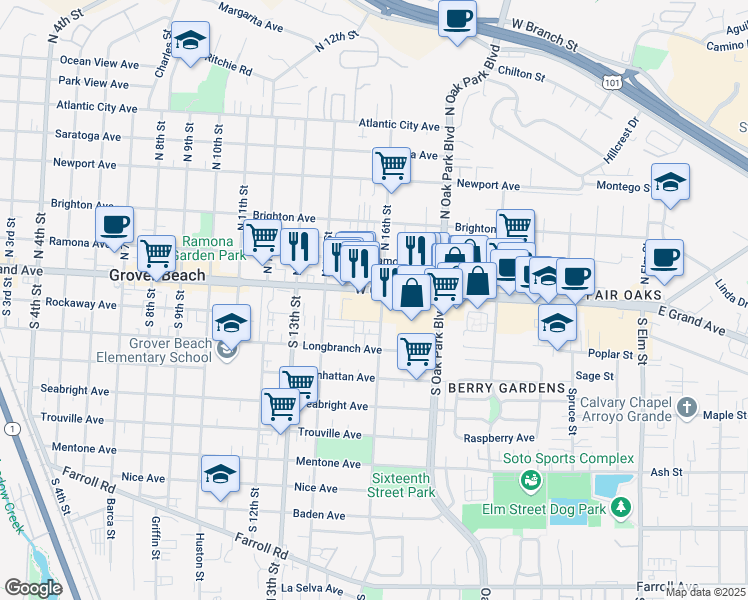 map of restaurants, bars, coffee shops, grocery stores, and more near 1580 W Grand Ave in Grover Beach