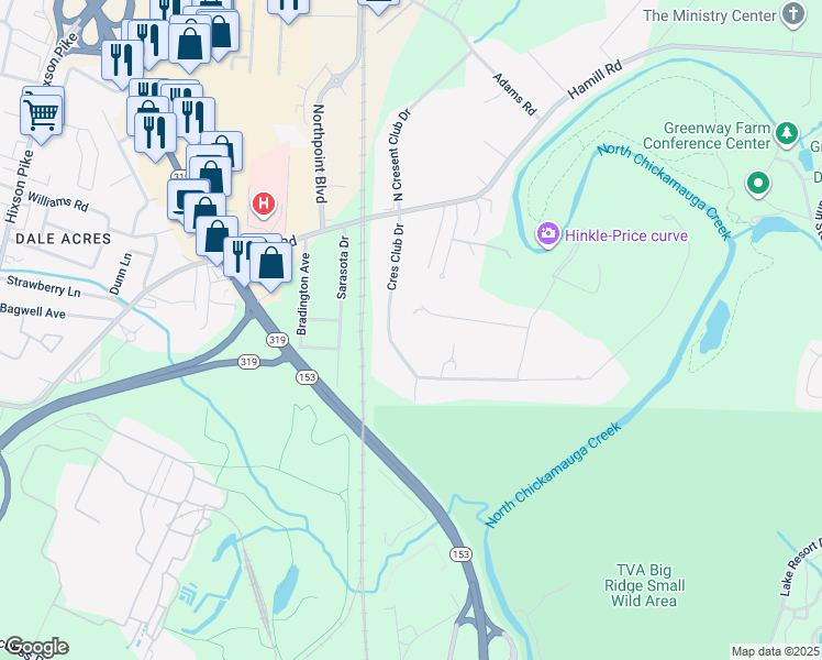 map of restaurants, bars, coffee shops, grocery stores, and more near 2206 Crescent Club Drive in Chattanooga