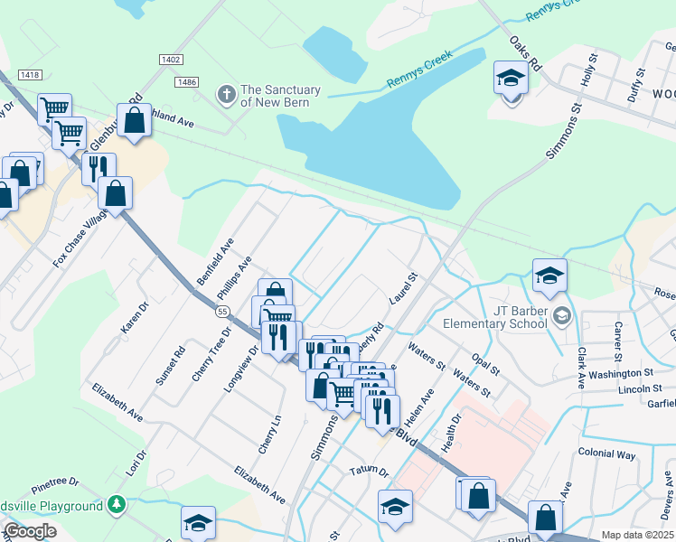 map of restaurants, bars, coffee shops, grocery stores, and more near 136 Meadowview Drive in New Bern