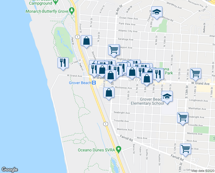 map of restaurants, bars, coffee shops, grocery stores, and more near 342 Rockaway Avenue in Grover Beach