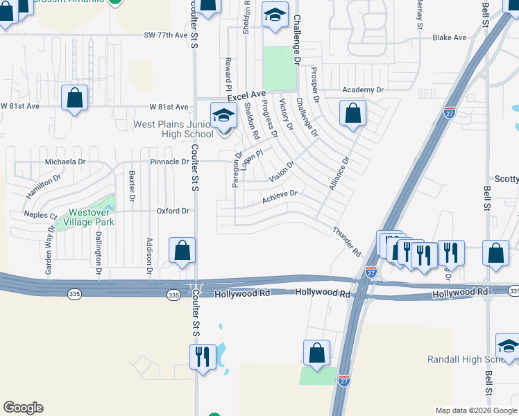 map of restaurants, bars, coffee shops, grocery stores, and more near 6913 Achieve Drive in Amarillo