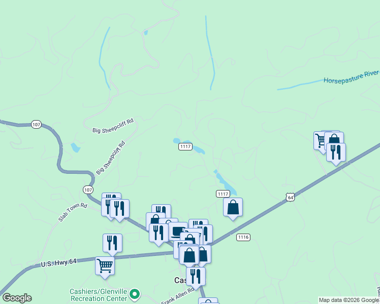 map of restaurants, bars, coffee shops, grocery stores, and more near 18 Lance Road in Cashiers
