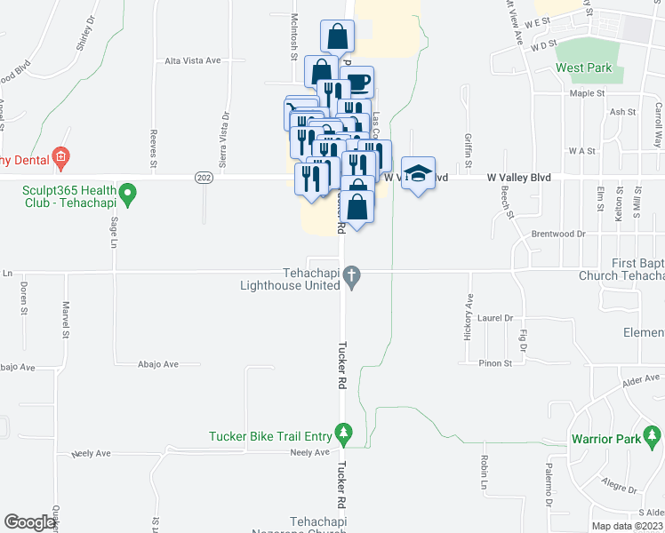 map of restaurants, bars, coffee shops, grocery stores, and more near 1105 Cherry Lane in Tehachapi