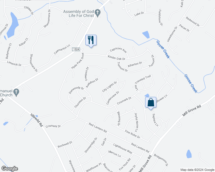 map of restaurants, bars, coffee shops, grocery stores, and more near 3005 City Lights Drive in Indian Trail
