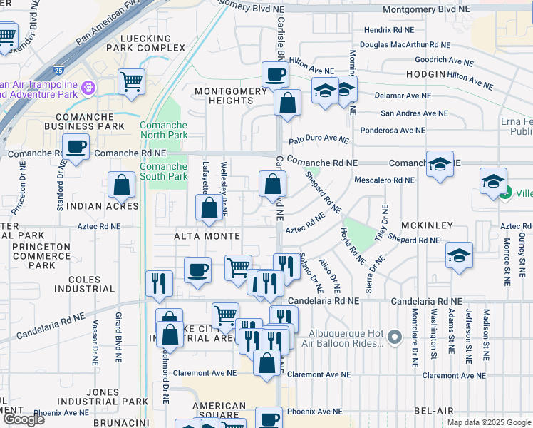 map of restaurants, bars, coffee shops, grocery stores, and more near 3524 Tyson Place Northeast in Albuquerque