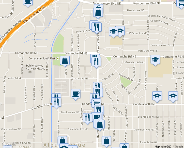 map of restaurants, bars, coffee shops, grocery stores, and more near 3524 Tyson Place Northeast in Albuquerque