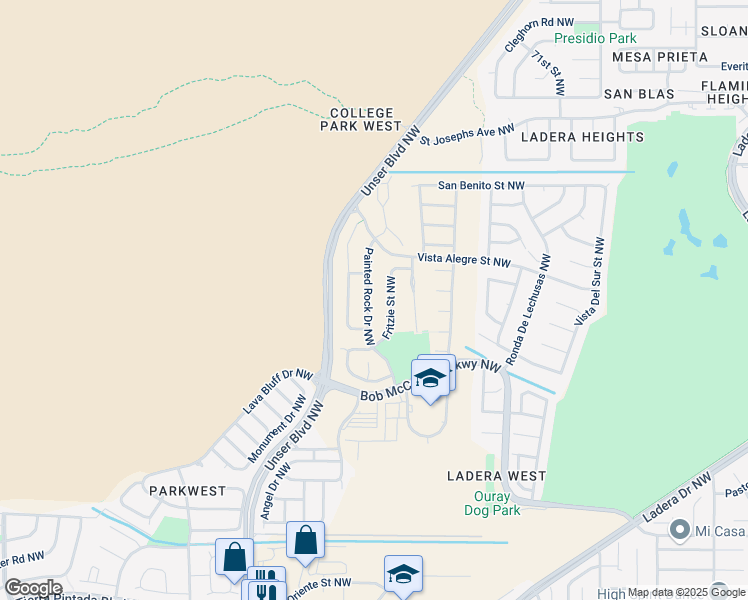 map of restaurants, bars, coffee shops, grocery stores, and more near 3301 Painted Rock Drive Northwest in Albuquerque