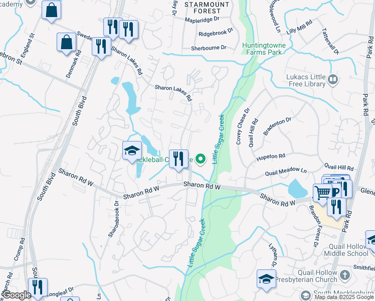map of restaurants, bars, coffee shops, grocery stores, and more near 2021 Harvest Lane in Charlotte