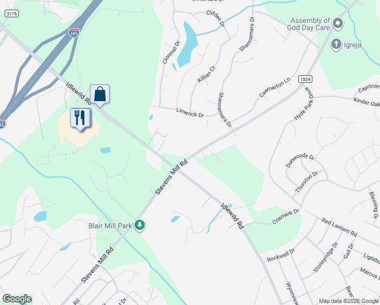 map of restaurants, bars, coffee shops, grocery stores, and more near 5741 Stevens Mill Road in Matthews