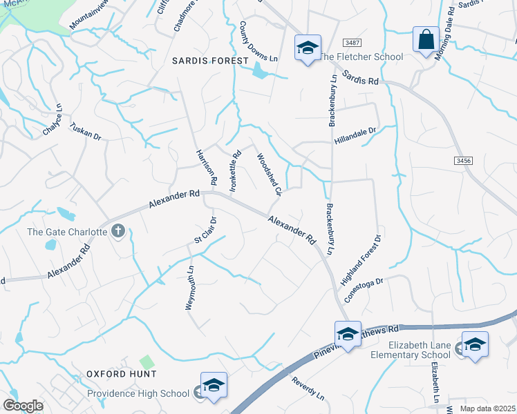 map of restaurants, bars, coffee shops, grocery stores, and more near 7631 Alexander Road in Charlotte