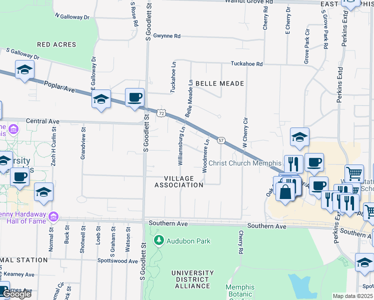map of restaurants, bars, coffee shops, grocery stores, and more near 4201 Central Lane in Memphis