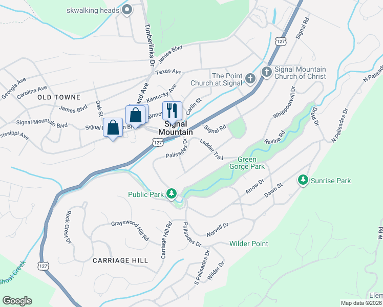 map of restaurants, bars, coffee shops, grocery stores, and more near 107 E Palisades Dr in Signal Mountain