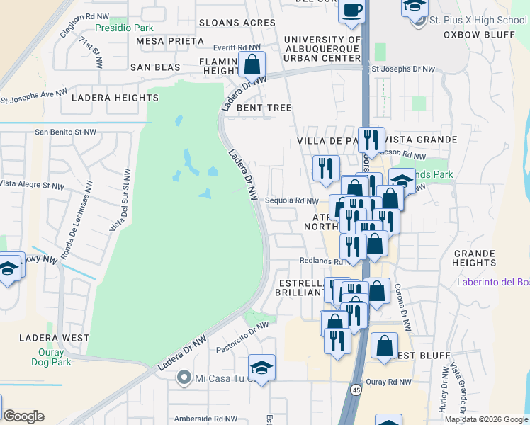 map of restaurants, bars, coffee shops, grocery stores, and more near 6044 Kilmer Avenue Northwest in Albuquerque