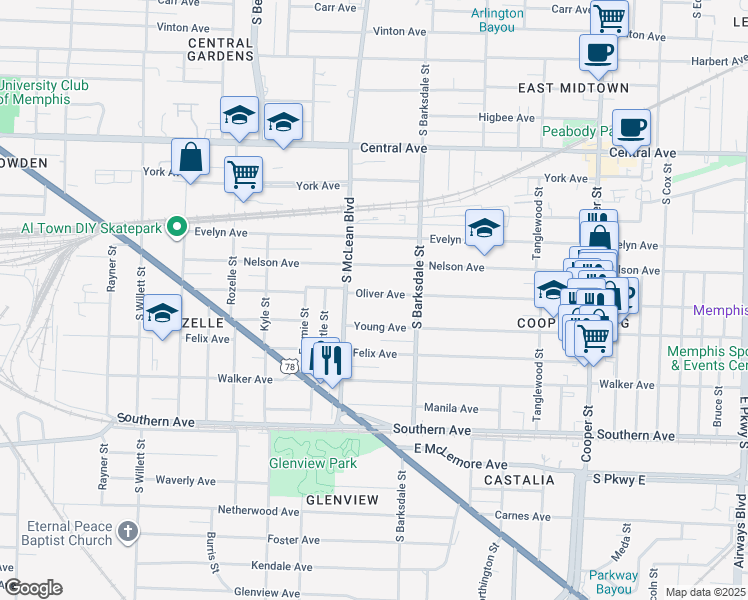 map of restaurants, bars, coffee shops, grocery stores, and more near 1865 Oliver Avenue in Memphis