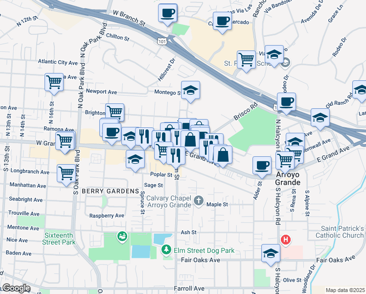 map of restaurants, bars, coffee shops, grocery stores, and more near 1198 East Grand Avenue in Arroyo Grande