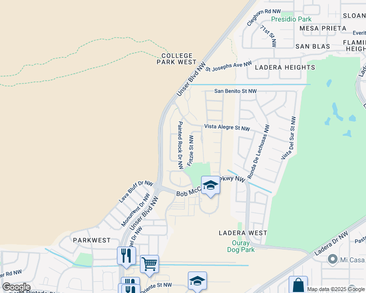 map of restaurants, bars, coffee shops, grocery stores, and more near 3301 Painted Rock Drive Northwest in Albuquerque