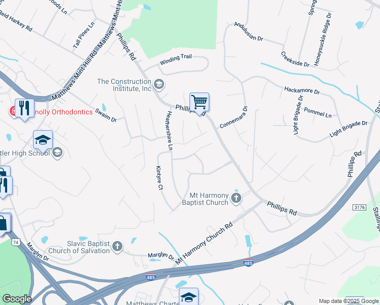 map of restaurants, bars, coffee shops, grocery stores, and more near 13633 Strathaven Drive in Matthews