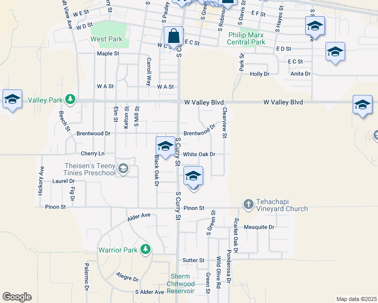 map of restaurants, bars, coffee shops, grocery stores, and more near 101 White Oak Drive in Tehachapi