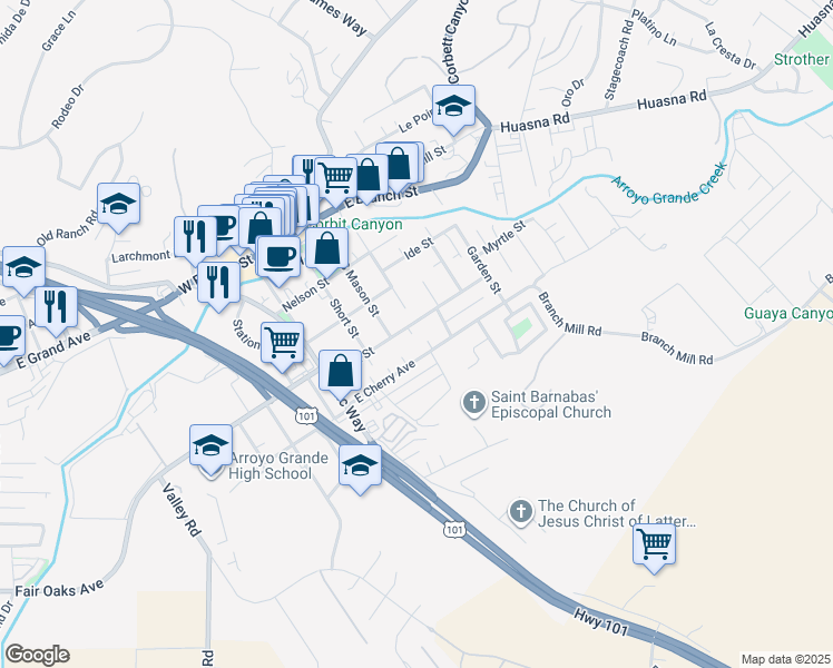 map of restaurants, bars, coffee shops, grocery stores, and more near 318 Allen Street in Arroyo Grande