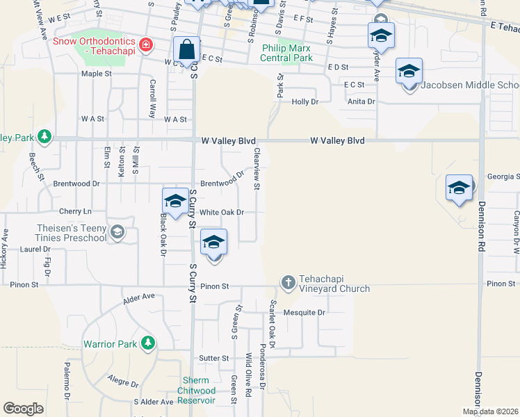 map of restaurants, bars, coffee shops, grocery stores, and more near 131 White Oak Drive in Tehachapi