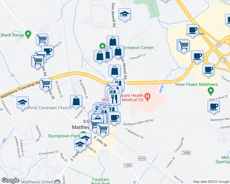 map of restaurants, bars, coffee shops, grocery stores, and more near 1206 Overwood Drive in Matthews
