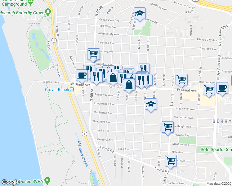 map of restaurants, bars, coffee shops, grocery stores, and more near 681 Rockaway Avenue in Grover Beach
