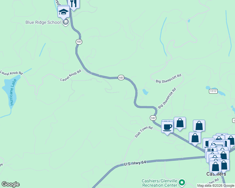 map of restaurants, bars, coffee shops, grocery stores, and more near 298 Blue Ridge Lane in Cashiers
