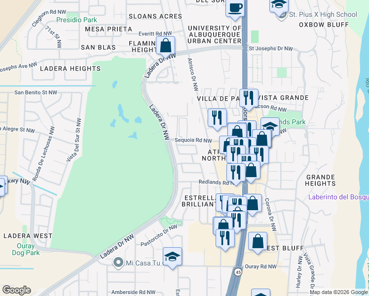 map of restaurants, bars, coffee shops, grocery stores, and more near 6044 Kilmer Avenue Northwest in Albuquerque