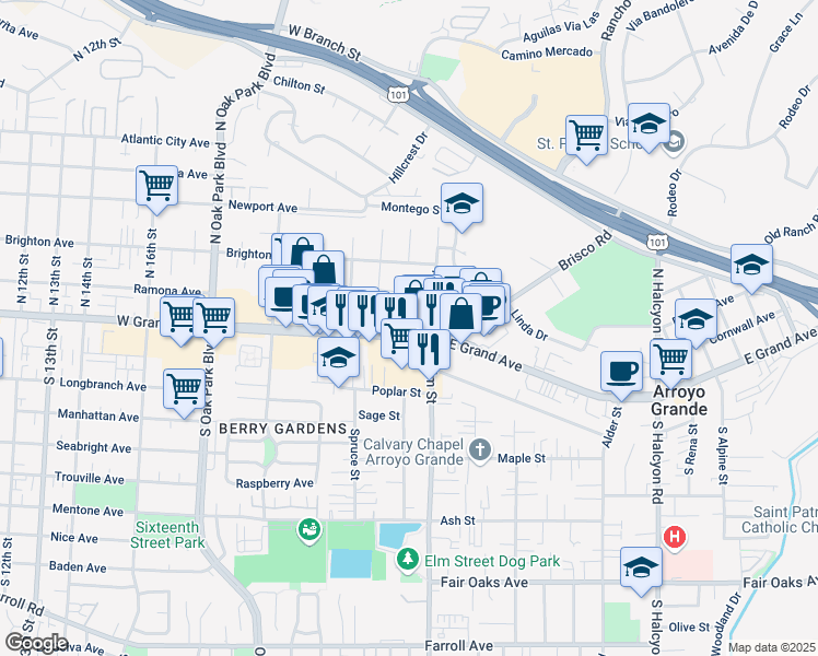 map of restaurants, bars, coffee shops, grocery stores, and more near in Arroyo Grande