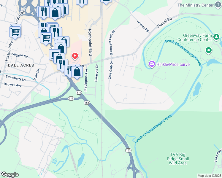 map of restaurants, bars, coffee shops, grocery stores, and more near 2206 Crescent Club Drive in Chattanooga