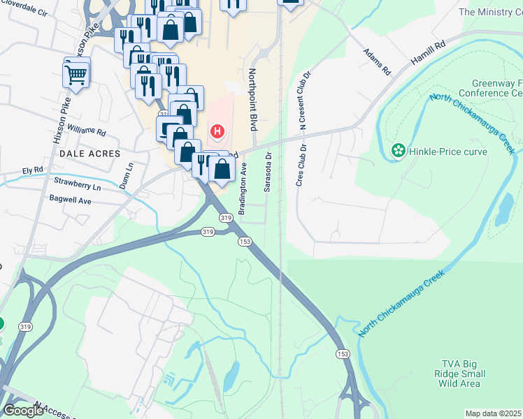 map of restaurants, bars, coffee shops, grocery stores, and more near 2116 Ocala Drive in Chattanooga
