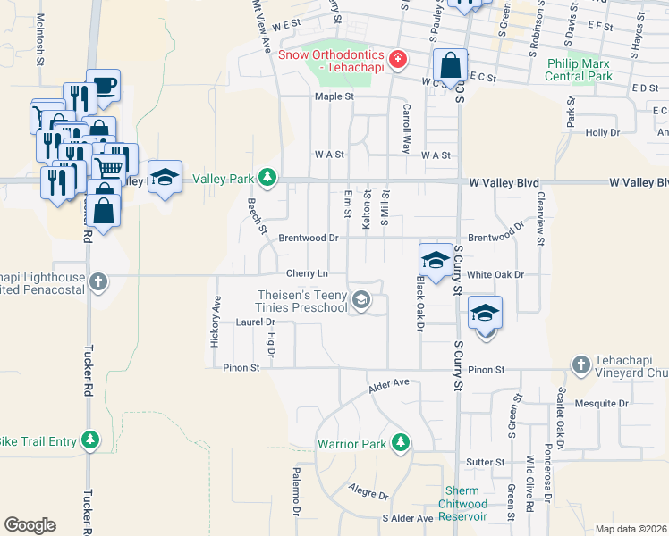 map of restaurants, bars, coffee shops, grocery stores, and more near 909 Mulberry Street in Tehachapi