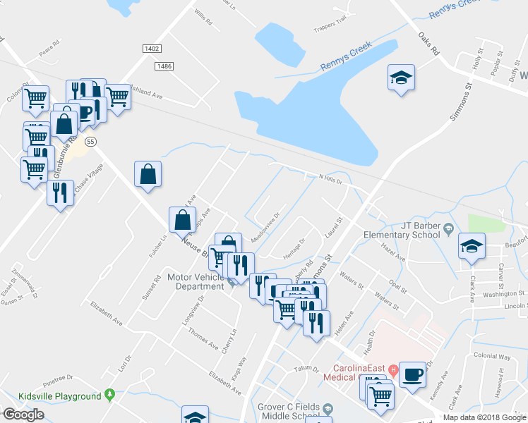 map of restaurants, bars, coffee shops, grocery stores, and more near 106 Sweetbriar Court in New Bern