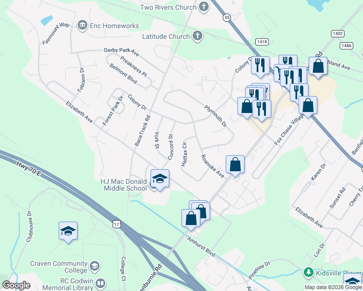 map of restaurants, bars, coffee shops, grocery stores, and more near 842 Halifax Circle in New Bern