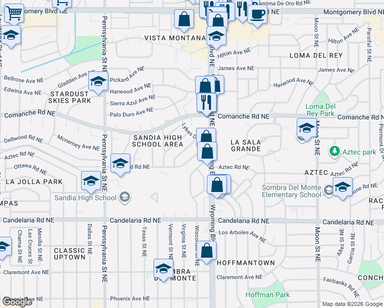 map of restaurants, bars, coffee shops, grocery stores, and more near 8225 Dellwood Road Northeast in Albuquerque
