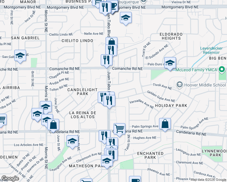 map of restaurants, bars, coffee shops, grocery stores, and more near 3432 Del Agua Court Northeast in Albuquerque
