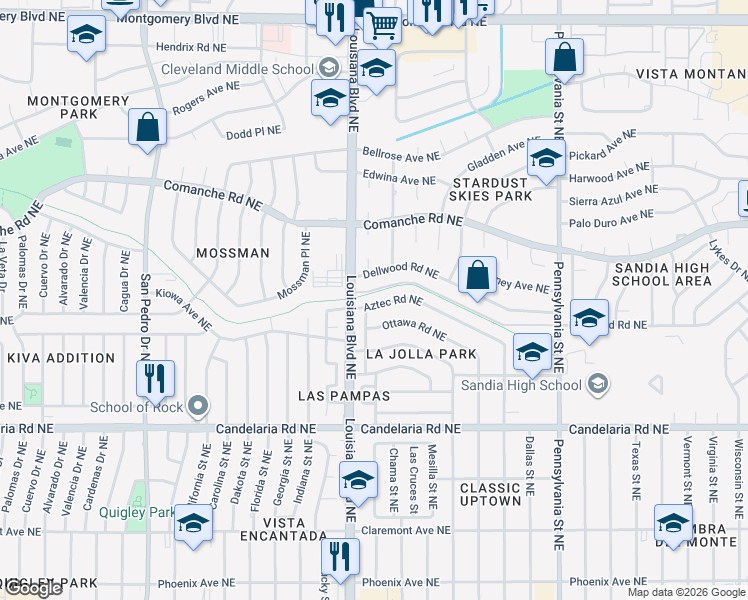 map of restaurants, bars, coffee shops, grocery stores, and more near 7017 Aztec Road Northeast in Albuquerque